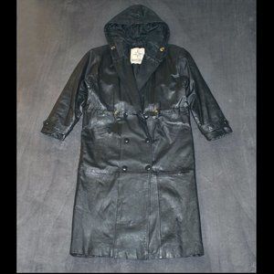 Vintage Middlebrook Park Black Leather Trench Coat w/ Hood Size Small